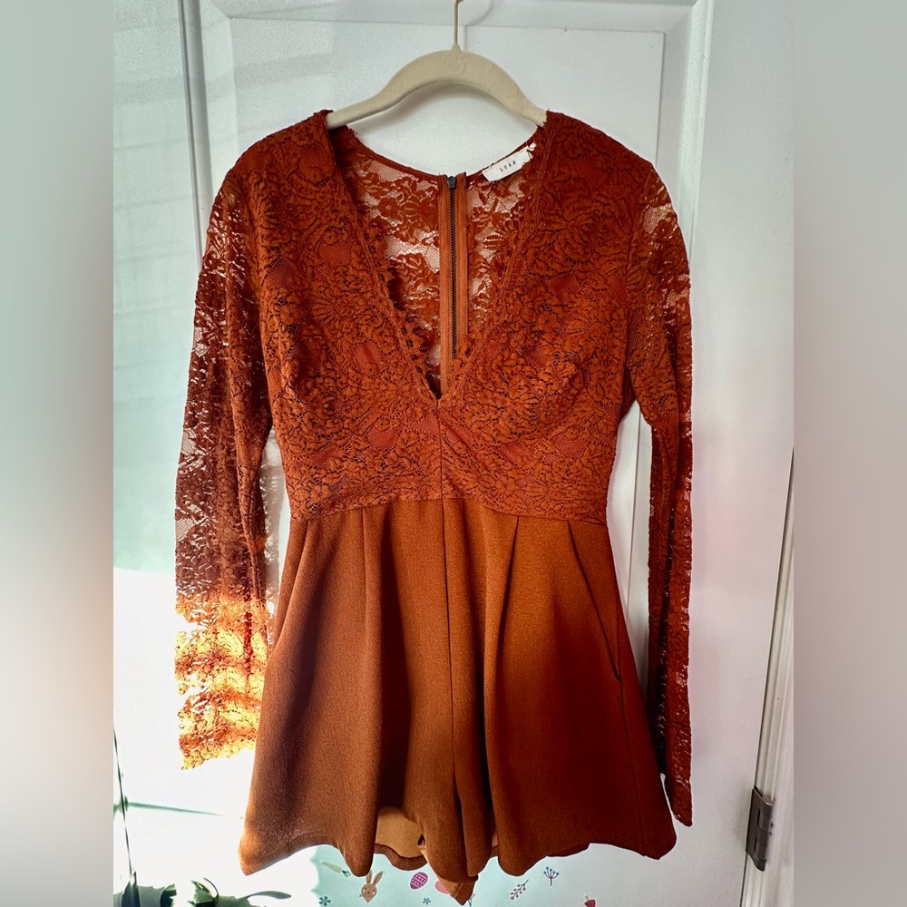 Elegant Lace Long Sleeve Romper in Rust